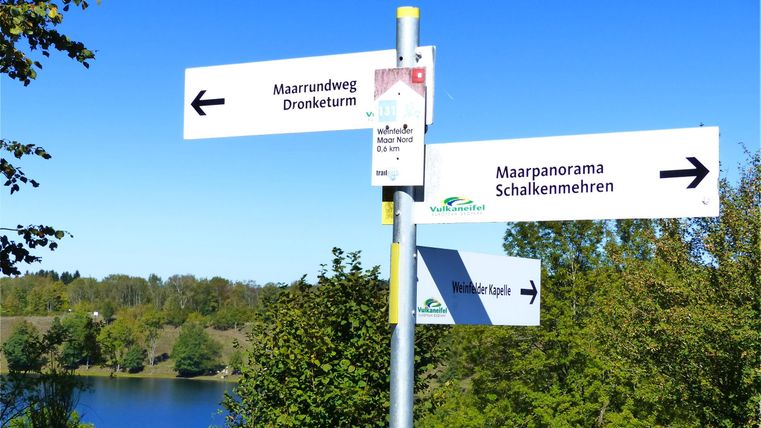 Ein Wegweiser zeigt verschiedene Richtungen. Im Hintergrund ist ein schöner See und eine grüne Landschaft zu sehen.