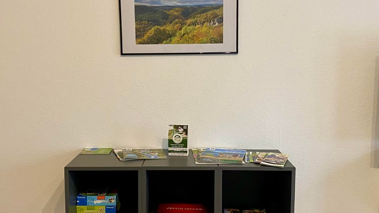 Eine moderne Ablage mit drei Fächern, gefüllt mit verschiedenen Broschüren und Spielen. Darüber hängt ein Bild einer Landschaft mit hügeligen Wiesen und einem bewölkten Himmel.