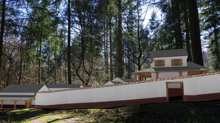 A modern house in the woods, surrounded by tall trees. The architecture harmonizes with the natural surroundings.