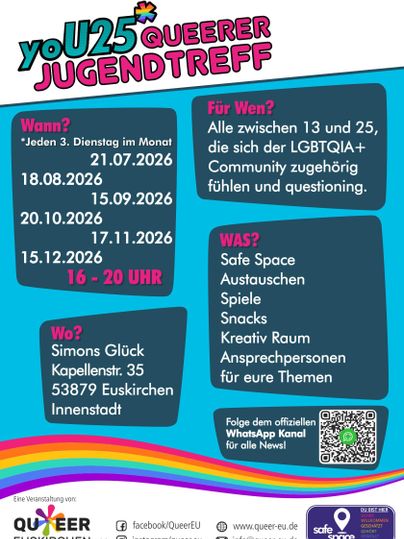 Ein buntes Plakat für ein queeres Jugendtreffen. Es enthält Informationen zu Terminen, Ort und Aktivitäten für Jugendliche zwischen 13 und 25 Jahren.