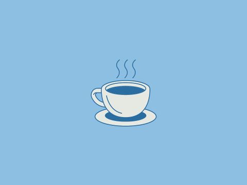 Eine stilisierte Tasse Kaffee auf einem blauen Hintergrund. Dampf steigt von der Tasse auf.
