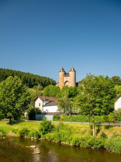 De Bertradaburg torent boven een rivier, omgeven door bomen en huizen, onder een heldere blauwe lucht.