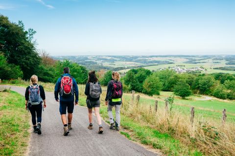 Four hikers walk along a path overlooking green hills and an expansive valley. The landscape is sunny and inviting.