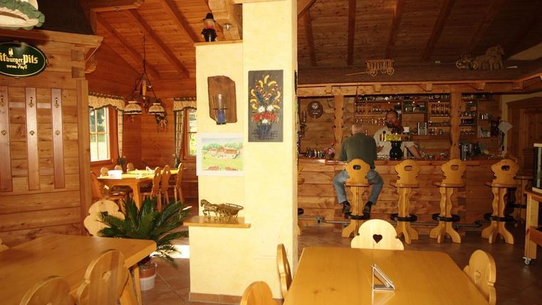 Eine gemütliche Holzstube mit Tischen und Stühlen. An der Bar im Hintergrund sitzt eine Person und genießt das Ambiente.