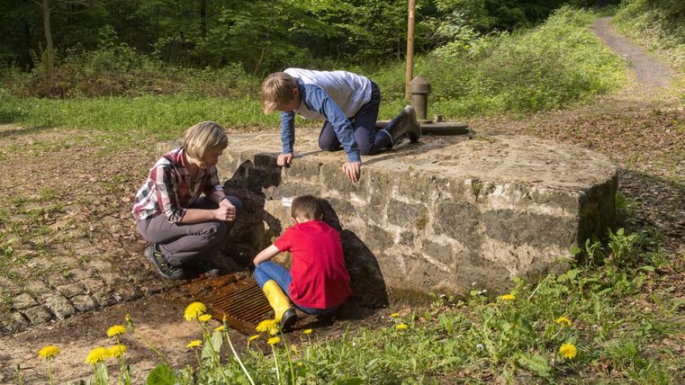 Eine Frau und zwei Kinder erkunden eine alte Wasserquelle in der Natur. Um sie herum wachsen Blumen und Bäume.