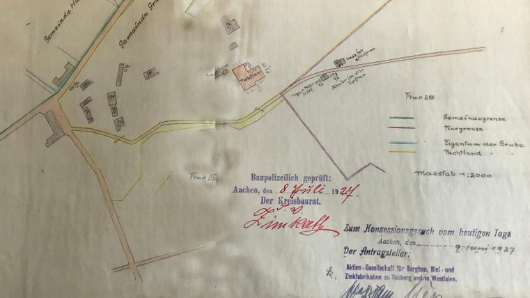 An old hand-drawn map with roads and notes. Various places and annotations are highlighted in color on the document.