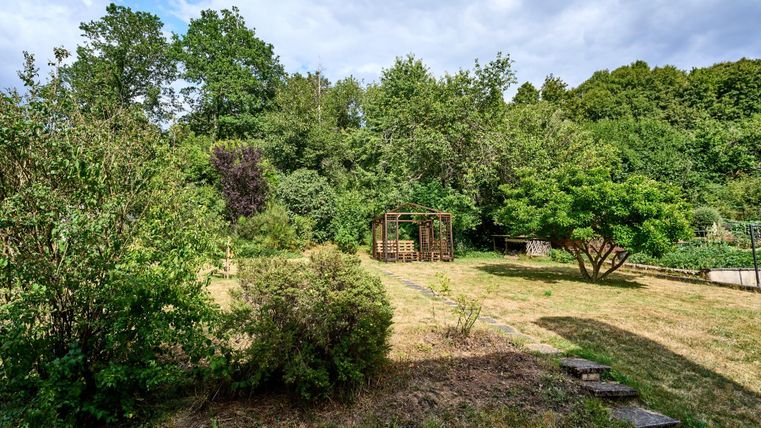 Ein naturnaher Garten mit vielen Bäumen und Sträuchern. Im Hintergrund steht eine gemütliche Laube.