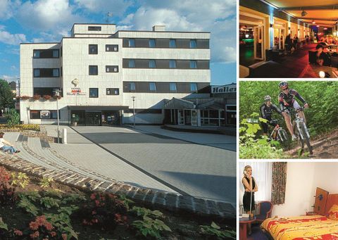 A modern hotel building with an entrance area and a clean environment.
Side images show recreational activities and cozy rooms.