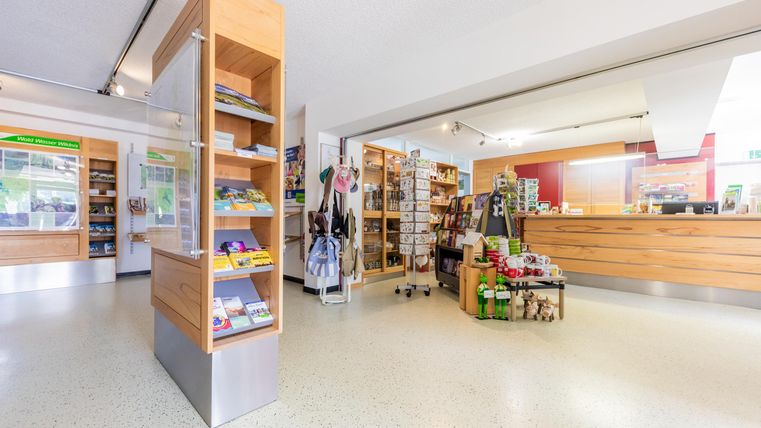 A modern sales room with shelves and a reception counter. Various informational materials and souvenirs are displayed.