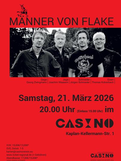 A concert poster for the band "Männer von Flake". The event takes place on Saturday, March 21, 2026, at CASYNO.