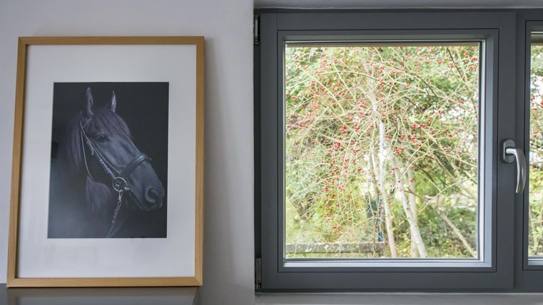 Ein gerahmtes Bild eines Pferdeportraits hängt an der Wand. Neben dem Bild befindet sich ein Fenster mit Blick auf einen grünen Garten.