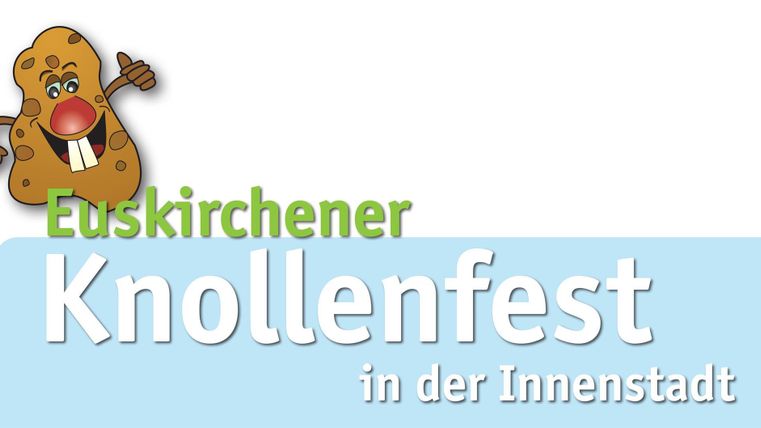 A cheerful logo for the Euskirchen Knollenfest in the city center. It features a cartoonish potato and invites participation.