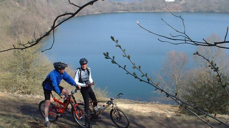 Zwei Radfahrer stehen an einem Aussichtspunkt am See. Die Landschaft ist bewaldet und der Himmel ist klar.