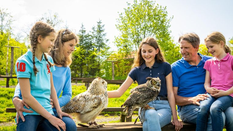 Een gezin zit buiten op een bank en interacteert met twee uilen. Op de achtergrond zijn bomen en groen gras te zien.