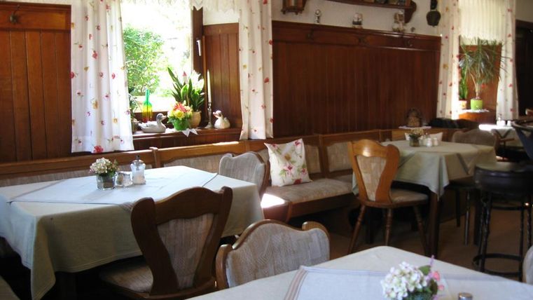 Ein gemütliches Restaurant mit hellen Tischen und Holzmöbeln. Die Fenster sind mit Vorhängen geschmückt, und Pflanzen sorgen für eine einladende Atmosphäre.