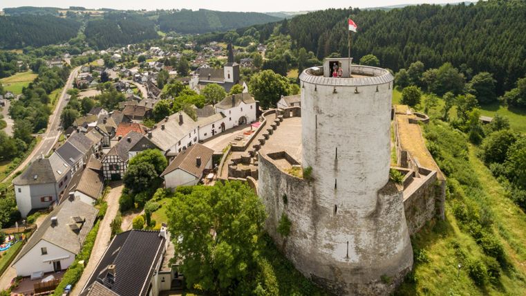 Luftaufnahme der Burg Reifferscheid mit umliegendem Dorf und Wald.