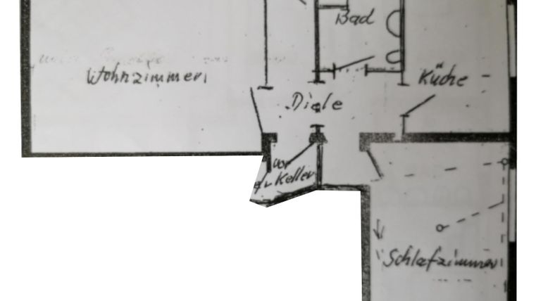 A floor plan of a living space with a living room, a kitchen, a bathroom, and a bedroom. The rooms are connected by a hallway.
