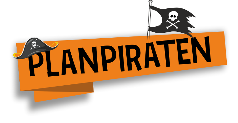 Ein Logo mit dem Text "PLANPIRATEN" in einer auffälligen Schriftart. Es zeigt auch ein Piratenmotiv mit einem Hut und einem Totenkopf.