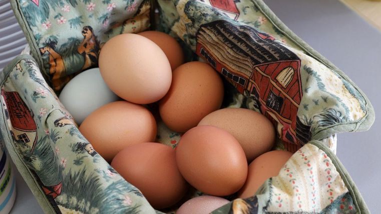 A basket with various eggs in a colorful pouch. The eggs have different colors and are carefully arranged.