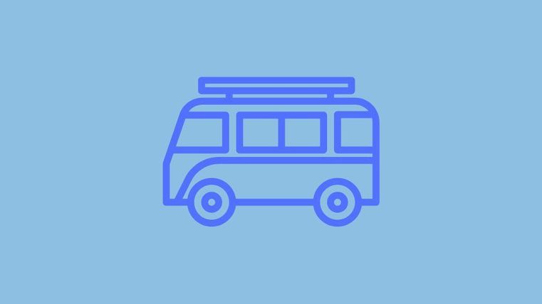 Ein einfacher blauer Bus auf einem hellblauen Hintergrund. Der Bus hat Fenster und Räder, die eine Reise symbolisieren.