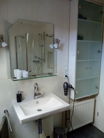 A modern bathroom with a sink, a mirror, and a shelf. Light sources are mounted on the wall, and there is a towel rack.
