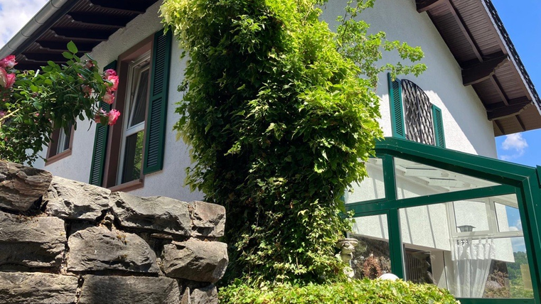 Ein charmantes Haus mit einer grünen Wand aus Pflanzen und bunten Blumen. Der Himmel ist blau und die Atmosphäre ist einladend.