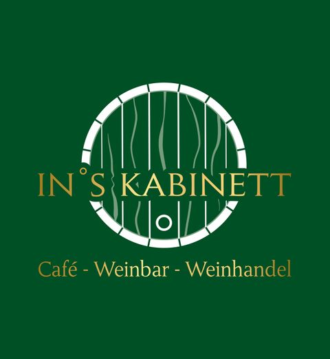 A simple, elegant logo for "In's Kabinett". It features a wine barrel and provides information about a café, a wine bar, and a wine trade.