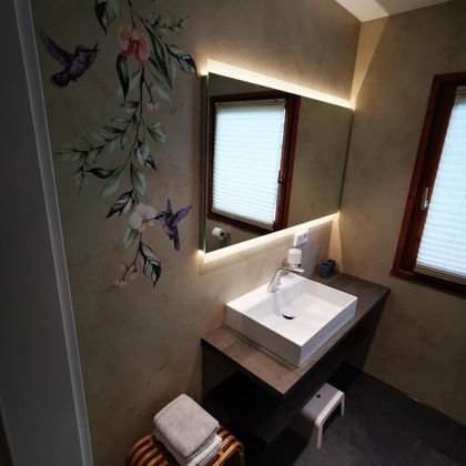 Een moderne badkamer met een elegant wastafel en grote spiegelverlichting. Aan de muur hangt een decoratieve plant met vogels.