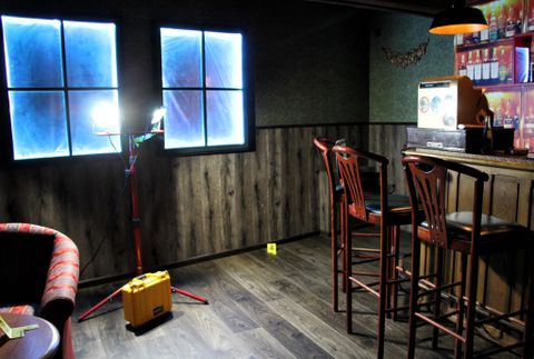 Room with wooden floor, bar with bar stools, two windows
