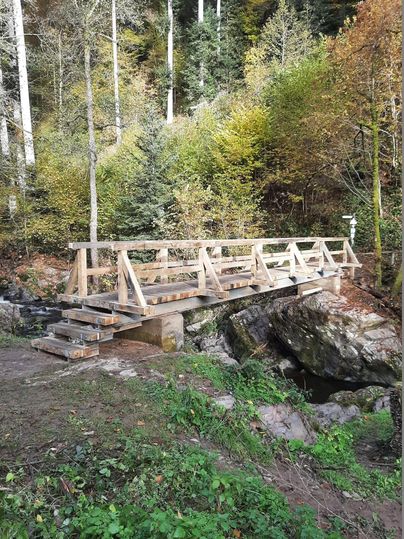 Eine Holzbrücke überquert einen kleinen Bach in einem Wald. Umgeben von Bäumen zeigt die Landschaft herbstliche Farben.