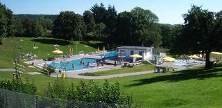 Ein Schwimmbad umgeben von grünen Wiesen und Bäumen. Menschen genießen die Sonne und entspannen sich auf Liegen.