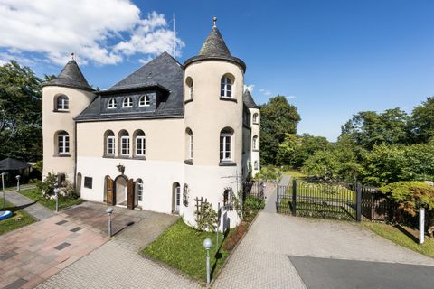Een mooi, modern kasteel met een grote tuin. De lucht is helder en blauw, omringd door bomen.
