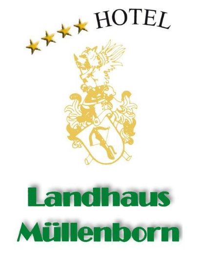 A logo of a hotel named "Landhaus Müllenborn". It features four stars and a coat of arms in gold color.