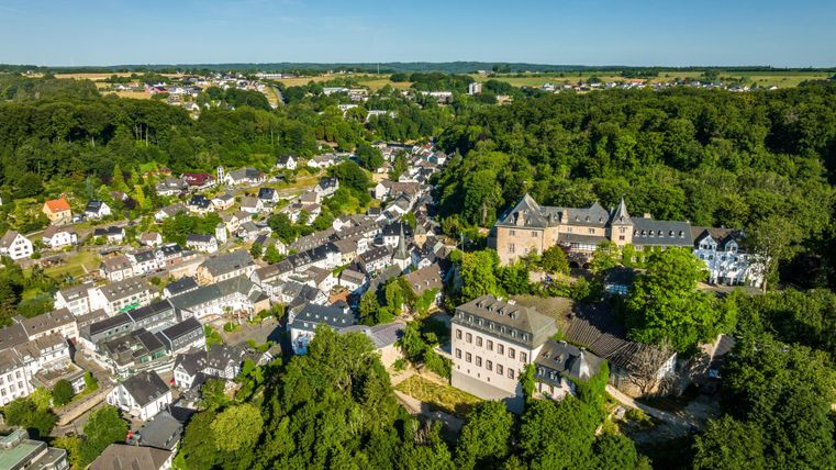 Eine malerische Stadt mit vielen weißen Häusern und einer beeindruckenden Burg im Grünen. Die Umgebung ist von Wäldern und sanften Hügeln geprägt.