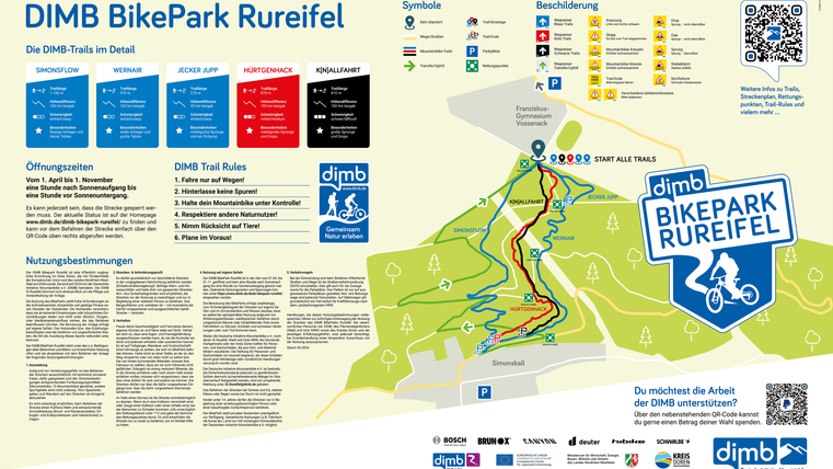 Een kaart van de DIMB BikePark Rureifel met verschillende trails en informatie. De kaart toont de parcoursen en belangrijke aanwijzingen voor fietsers.