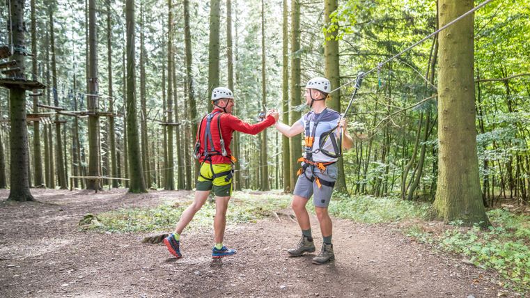 Zwei Personen in einem Wald beim Klettern. Sie tragen Helme und Sicherheitsgurte und helfen einander.