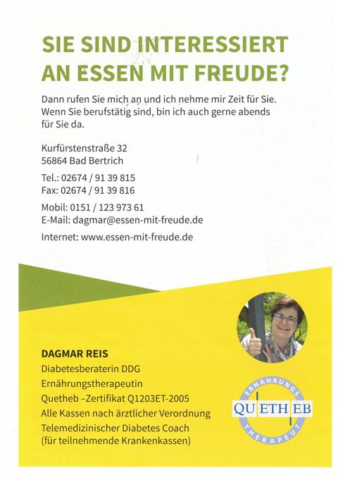 Een flyer met informatie over voedingsadvies. Hij biedt contactinformatie en wijst op het thema "Eten met plezier".