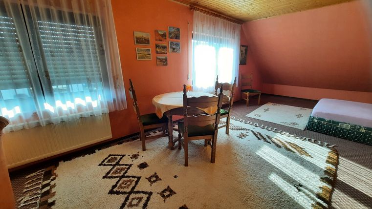 A cozy room with orange walls and a round table. There are chairs, a carpet, and plenty of natural light from the windows.
