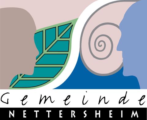 Een gestileerd logo van de gemeente Nettersheim. Het toont twee gezichten, een blad en een schelp in aantrekkelijke kleuren.