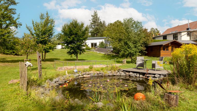 A beautiful garden with a small pond and trees. In the background, a house and a garden gazebo can be seen.