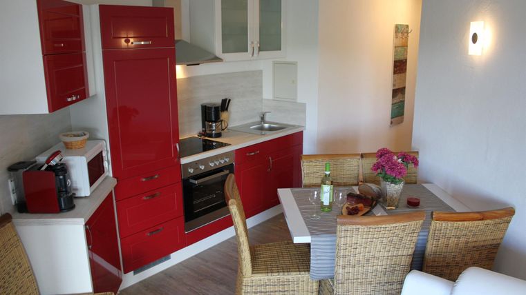 Eine moderne Küche mit roten Schränken und einem kleinen Essbereich. Der Raum ist hell und einladend, mit Holzboden und Pflanzen auf dem Tisch.