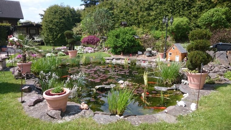 A beautiful garden with a pond and many plants. In the background are decorative elements and a small wooden figure.