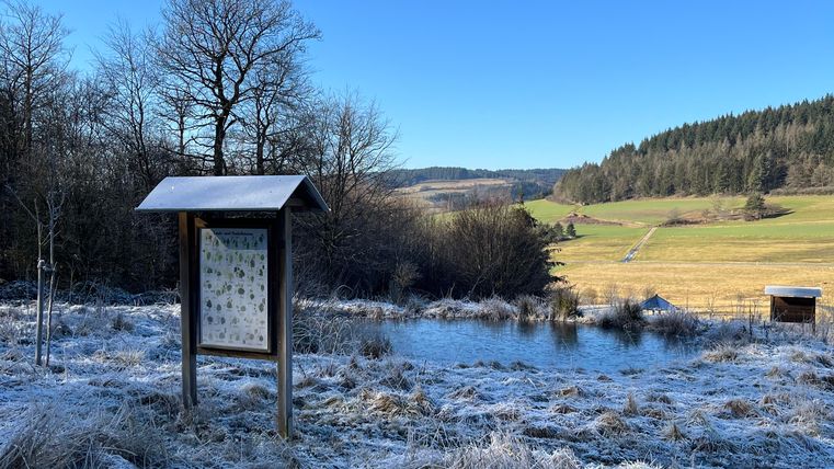 Ein frostiger Weg mit einem Informationsschild und einer weiten Landschaft im Hintergrund. Der Himmel ist klar und blau.
