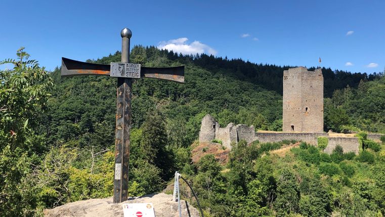 Eine malerische Landschaft mit einer alten Burg im Hintergrund. Im Vordergrund steht ein Wegweiser zwischen Bäumen und Hügeln.