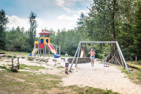 Ein Spielplatz mit einer bunten Rutsche und einer Schaukel. Die Umgebung ist von Bäumen und Gras umgeben, ideal für Kinder.