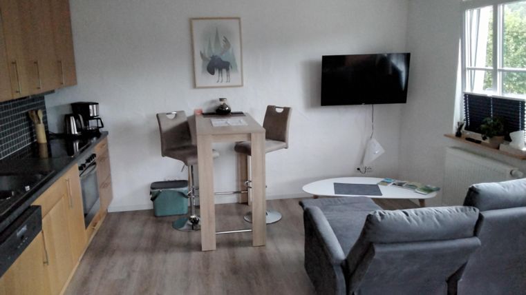 Eine moderne Wohnküche mit einem Holzstammtisch und zwei Stühlen. Im Raum befindet sich ein Fernseher und ein gemütliches Sofa.