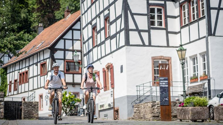 Twee fietsers rijden door een pittoresk dorp met vakwerkhuizen. De straat is omgeven door groene bomen en straalt een ontspannen sfeer uit.
