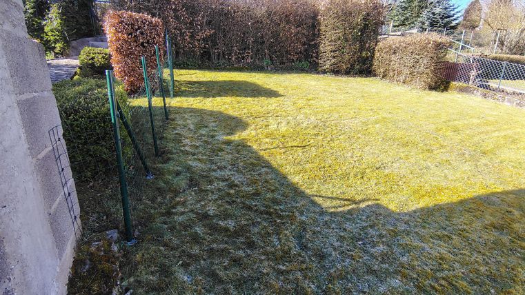Ein gepflegter Garten mit grünem Rasen und Schatten von Büschen. Im Hintergrund sind Zäune und Bäume sichtbar.