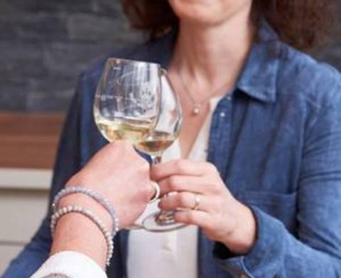 Twee personen proosten met wijnglazen. Een ontspannen sfeer met een vleugje feestelijkheid.