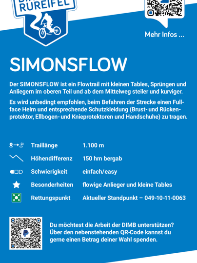 Een informatief poster over de biketraject "SIMONSFLOW" in Bikepark Rureifel. Het bevat details over de traillengte, hoogteverschillen en veiligheidsinstructies voor bikers.